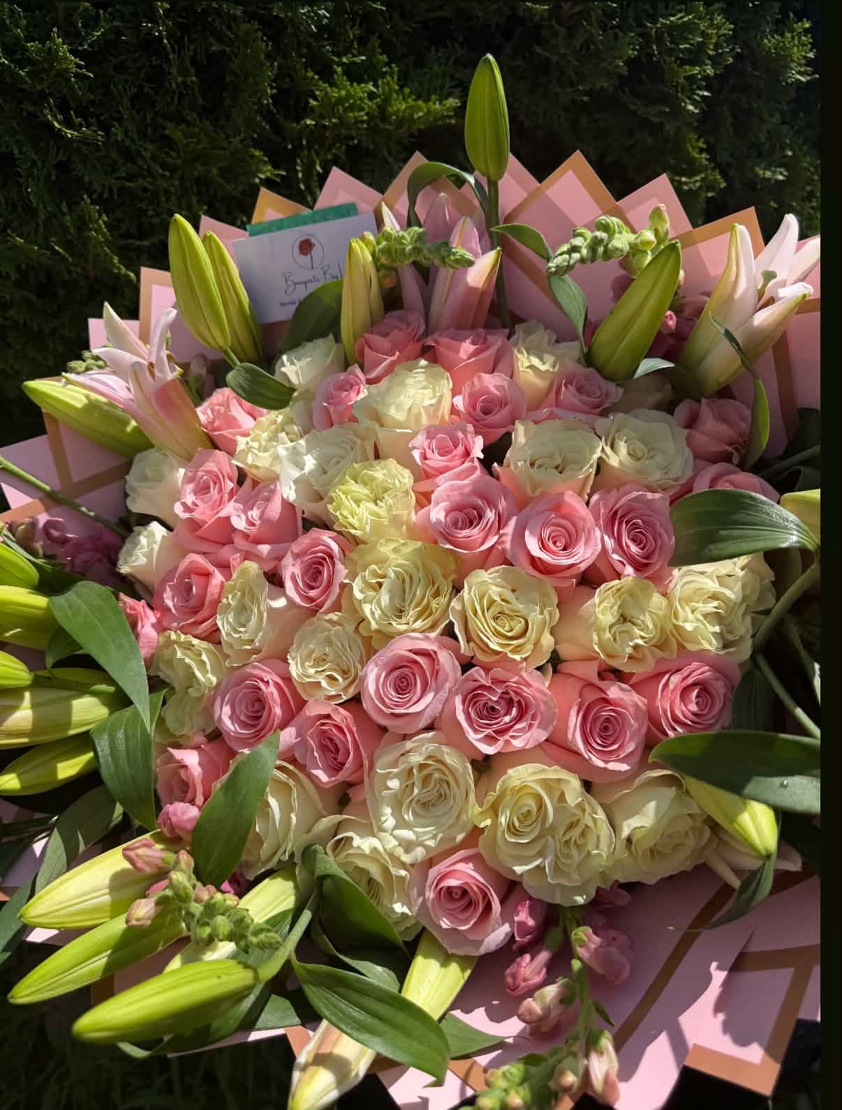 Lilies Garden Bloom bouquet — lilies rim with roses